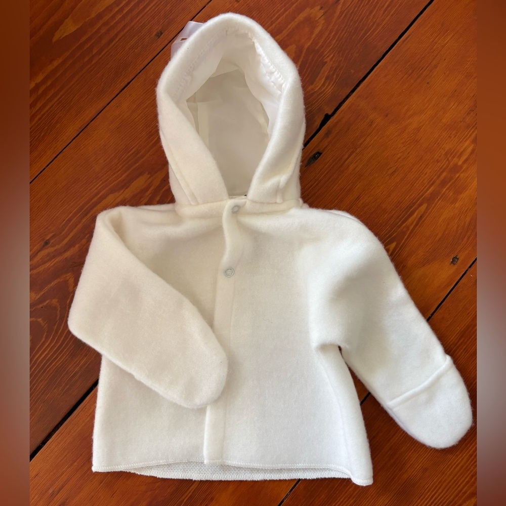 Tidy Kins Vintage Union Tag White Fuzzy Hooded Garment With Hand Covers 3 mos.